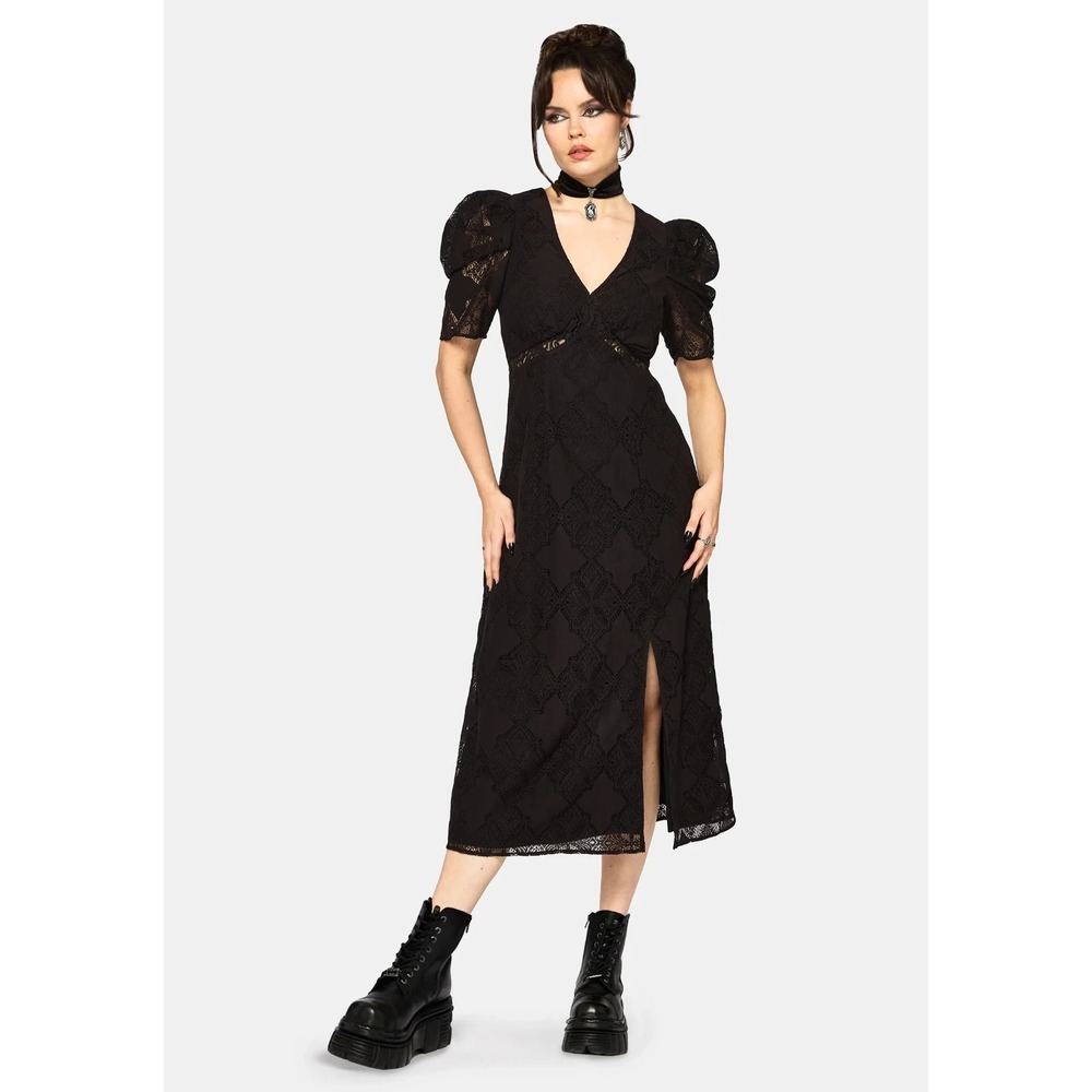 NWT Disturbia Zephyr Crossed Lace Maxi Dress US 14 Black Lace Short Sleeve